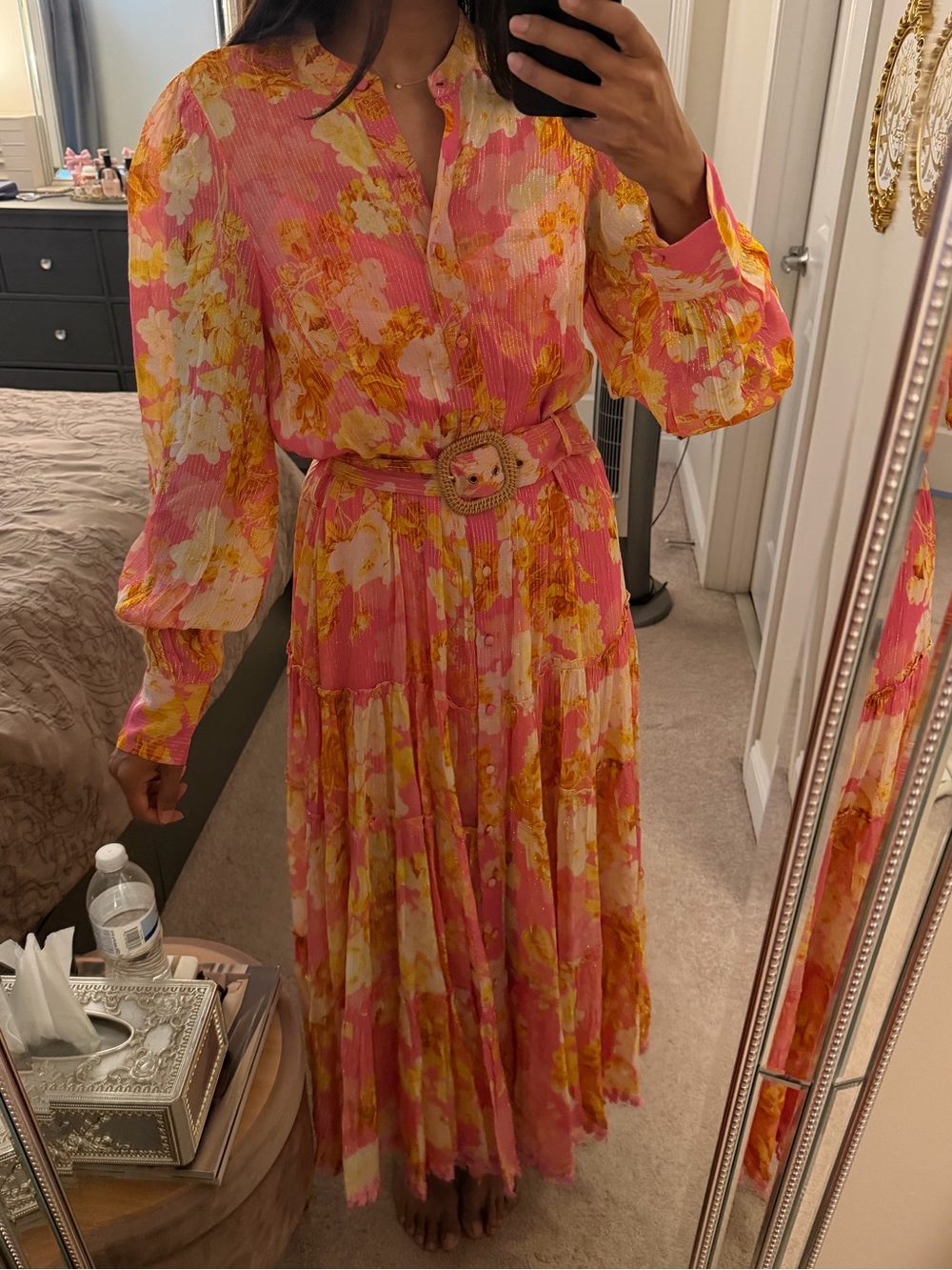 Hemant & Nandita Pink & Yellow Floral Button-Front Midi Dress with Belt - Picture 2 of 3